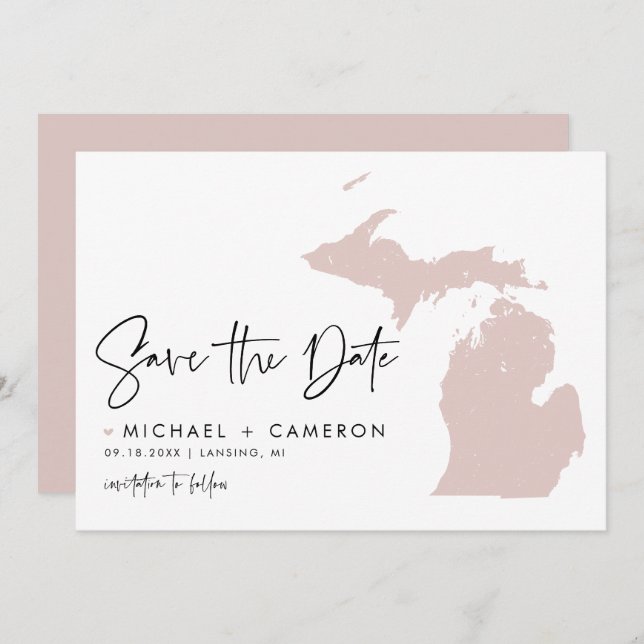 Blush Pink Michigan Map Modern Minimalist Script Save The Date (Front/Back)