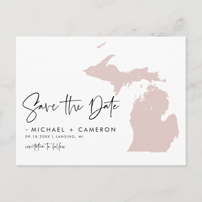 Blush Pink Michigan Map Modern Save the Date Announcement Postcard (Front)