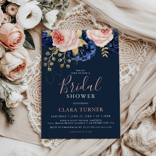 Blush Pink & Midnight Navy Florals Bridal Shower Invitation