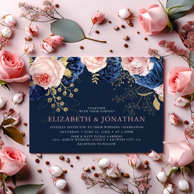 Blush Pink & Midnight Navy Florals Elegant Wedding Invitation (Creator Uploaded)
