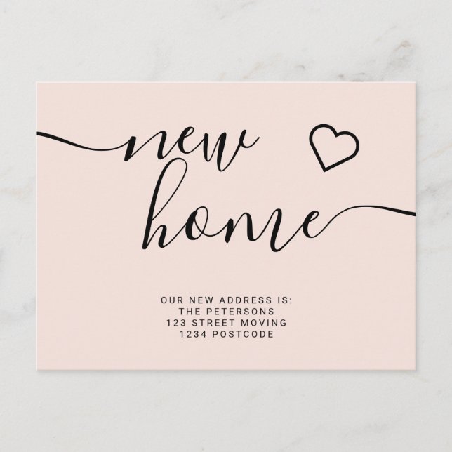 Blush pink minimal new home heart moving announcement postcard (Front)