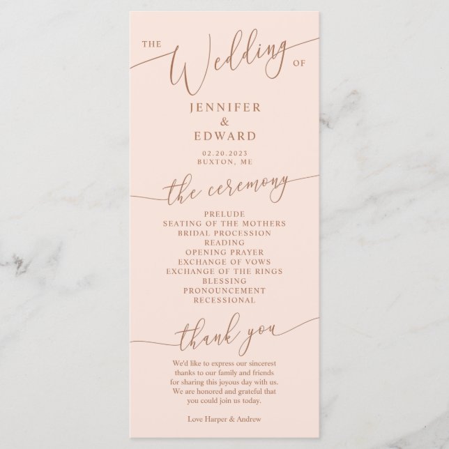 Blush Pink Minimal Wedding Ceremony Program Programme (Front)