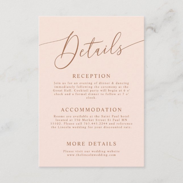 Blush Pink Minimal Wedding Details  Enclosure Card (Front)