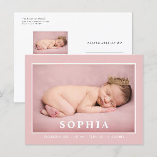 Blush Pink Minimalist Baby Girl Birth Announcement Postcard