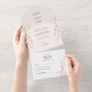 Blush Pink Minimalist Flowers Wedding All In One Invitation