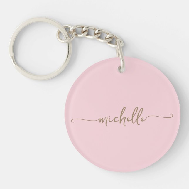 Blush Pink Minimalist Gold Monogram Name Script Key Ring (Front)