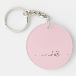 Blush Pink Minimalist Gold Monogram Name Script Key Ring