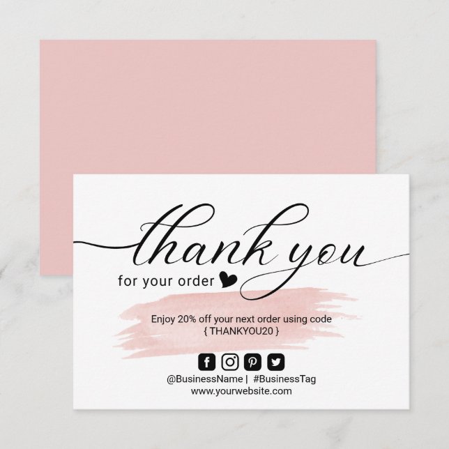 Blush Pink Minimalist Order Thank You Card (Front/Back)