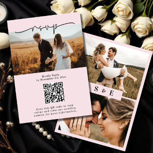 Blush Pink Minimalist Script QR code Photo Wedding RSVP Card