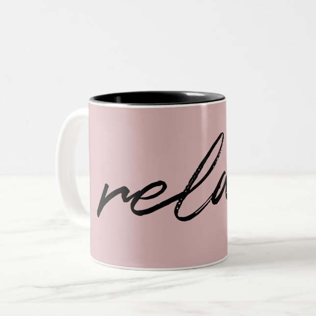 Blush Pink Minimalist Script "relax" Funny  Two-Tone Coffee Mug (Front Left)