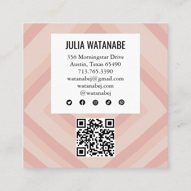 Blush Pink Minimalist Stripes QR Social Media Square Business Card (Back)
