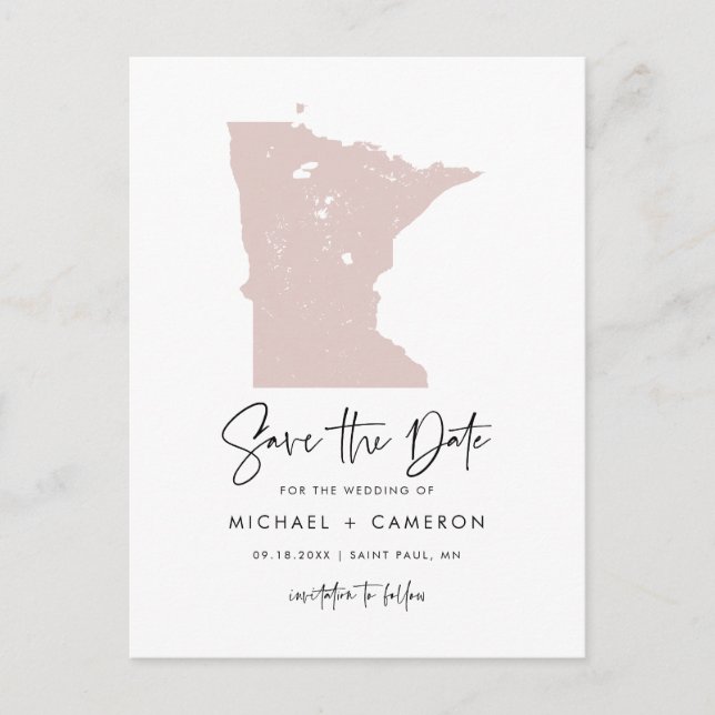 Blush Pink Minnesota Map Modern Save the Date Announcement Postcard (Front)