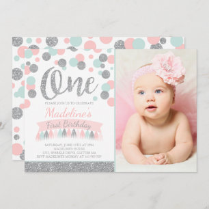 Blush Pink Mint And Silver 1st Birthday Invitation
