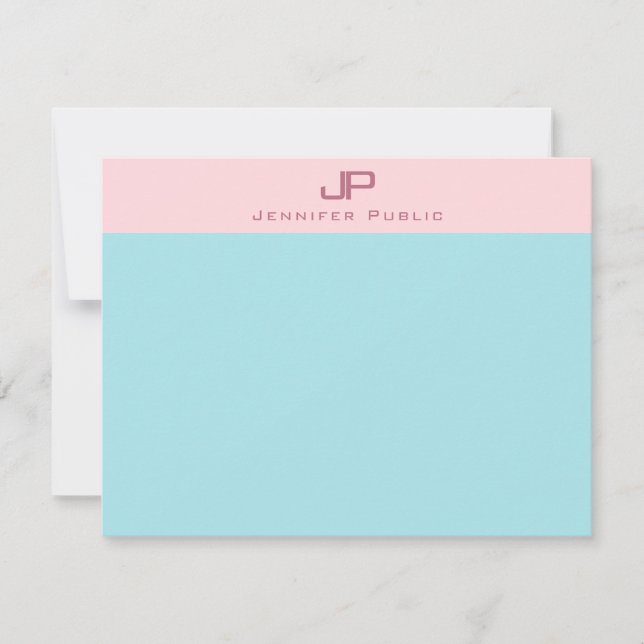 Blush Pink Mint Blue Monogram Simple Elegant Card (Front)