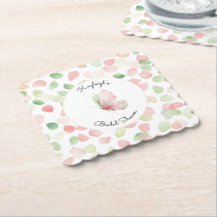 Blush Pink Mint Floral Butterfly Bridal Shower  Paper Coaster