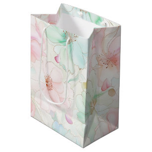 Blush Pink Mint Flowers Birthday Medium Gift Bag