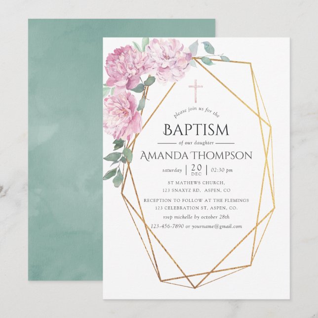 Blush Pink & Mint Geometric Baptism or Christening Invitation (Front/Back)
