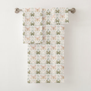Blush Pink Mint Green Butterflies  Bath Towel Set
