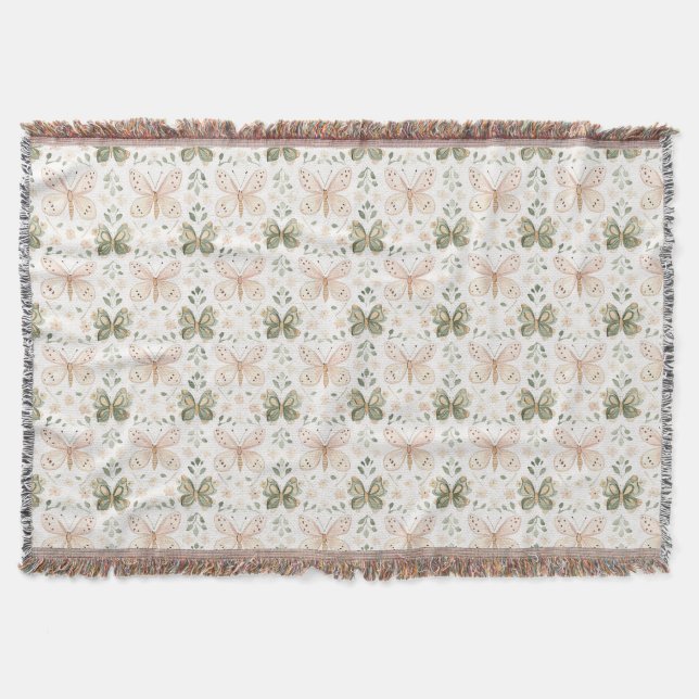Blush Pink Mint Green Butterflies  Throw Blanket (Front)