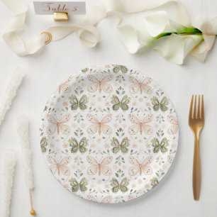 Blush Pink Mint Green Butterflies Wedding Paper Plate