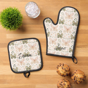 Blush Pink Mint Green Butterfly Oven Mitt & Pot Holder Set