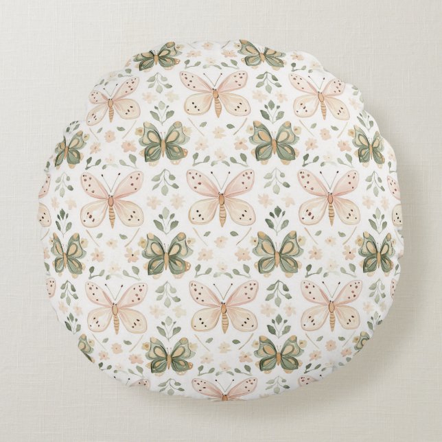Blush Pink Mint Green Butterfly Round Cushion (Front)
