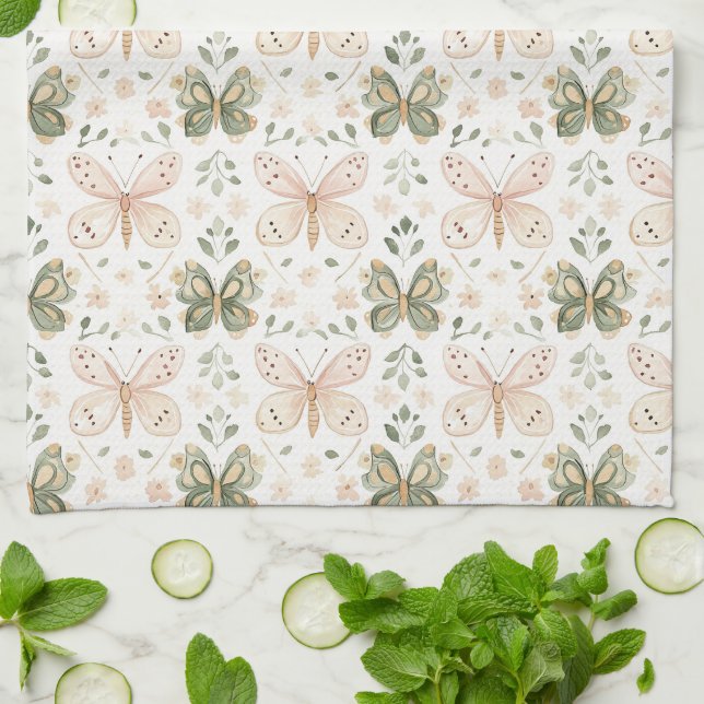 Blush Pink Mint Green Butterfly Tea Towel (Folded)