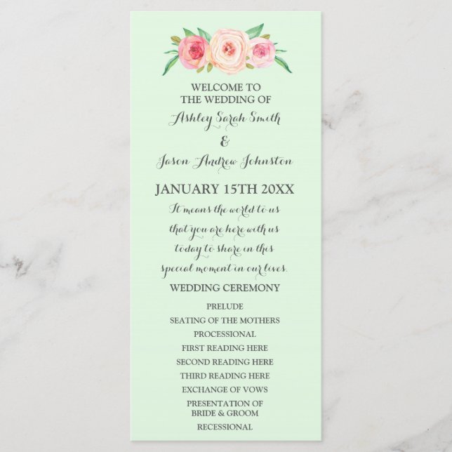 Blush Pink Mint Green Floral Wedding Program Programme (Front)