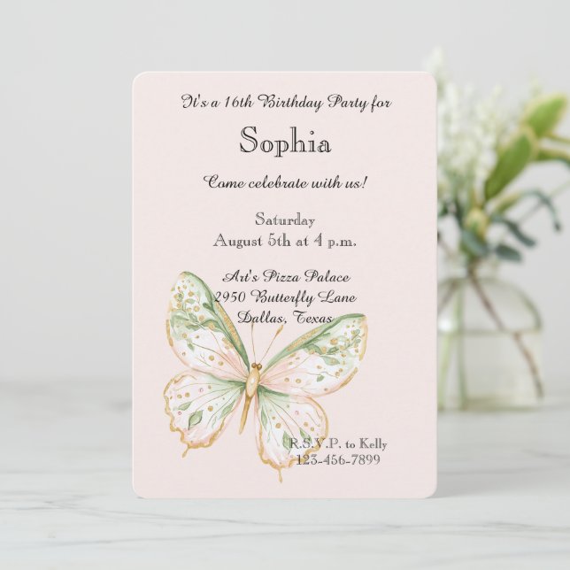 Blush Pink Mint Green Gold Butterfly Birthday Invitation (Standing Front)