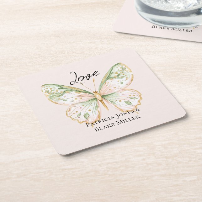 Blush Pink Mint Green Gold Butterfly Wedding Square Paper Coaster (Angled)