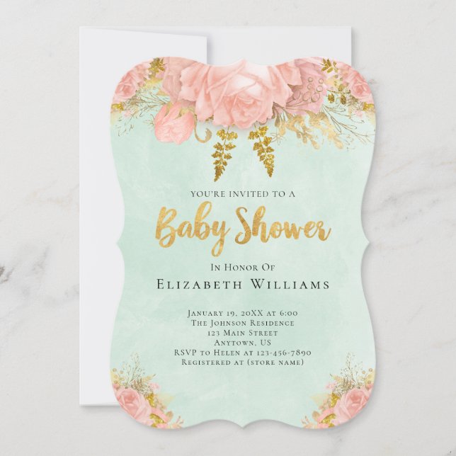 Blush Pink Mint Green Gold Flower Girl Baby Shower Invitation (Front)
