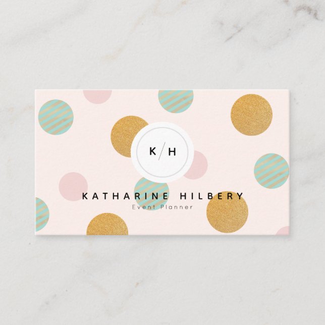 Blush Pink Mint Green Gold Polka Dot Business Card (Front)