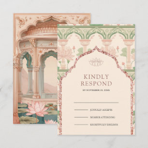 Blush Pink Mint Green Lotus Garden Indian Wedding RSVP Card