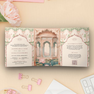 Blush Pink Mint Green Lotus Garden Indian Wedding Tri-Fold Invitation