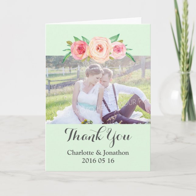 Blush Pink Mint Wedding Thank You Photo Card (Front)