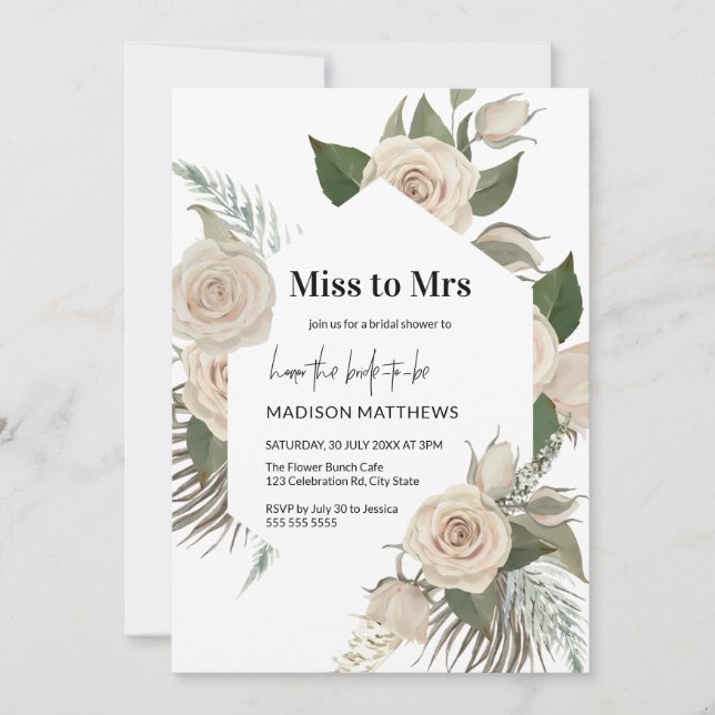 Blush Pink Miss to Mrs Rose Floral Bridal Shower   Invitation (Front)