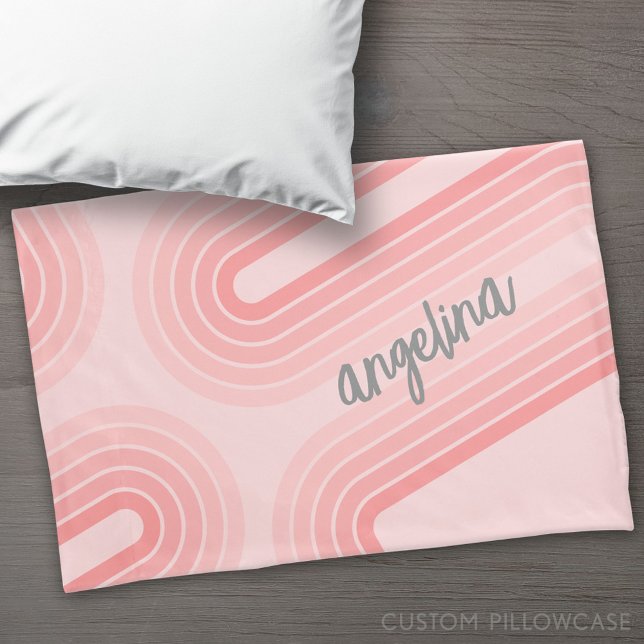 Blush Pink Mod Retro Striped Pattern Custom Name Pillowcase (Custom Pillowcase)