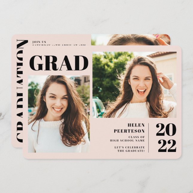 Blush pink modern 3 photos graduation invitation (Front/Back)