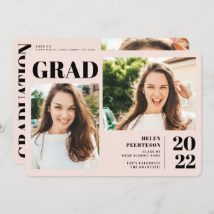 Blush pink modern 3 photos graduation invitation