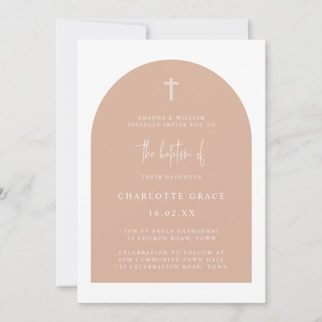 Blush Pink Modern Arch Script Minimalist Baptism I Invitation (Front)