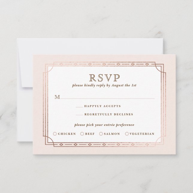 Blush Pink Modern Art Deco Rose Gold Foil Wedding RSVP Card (Front)
