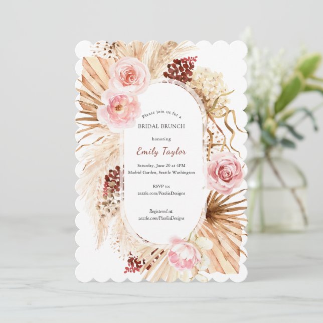 Blush Pink Modern Boho Arch Pampas Grass Floral  Invitation (Standing Front)