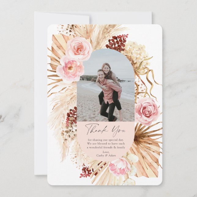 Blush Pink Modern Boho Pampas Grass Floral Photo   Thank You Card (Front)