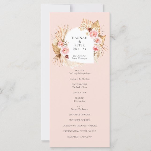 Blush Pink Modern Boho Pampas Grass Floral program (Front)