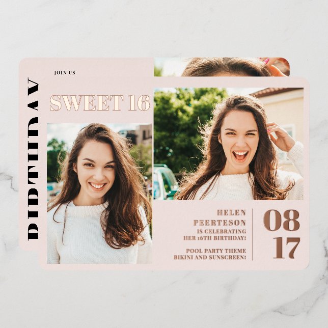 Blush pink modern bold 3 photos Sweet 16 (Front/Back)