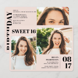 Blush pink modern bold 3 photos Sweet 16 birthday Invitation