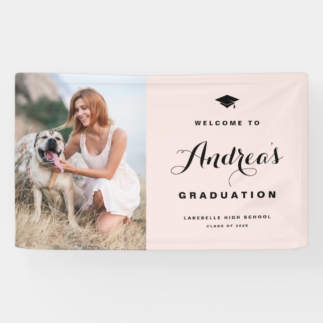 Blush Pink Modern Calligraphy Photo Graduation Banner (Horizontal)