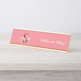 Blush Pink Modern Elegant Monogram Name Script Desk Name Plate
