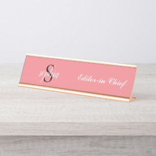 Blush Pink Modern Elegant Monogram Name Script Desk Name Plate
