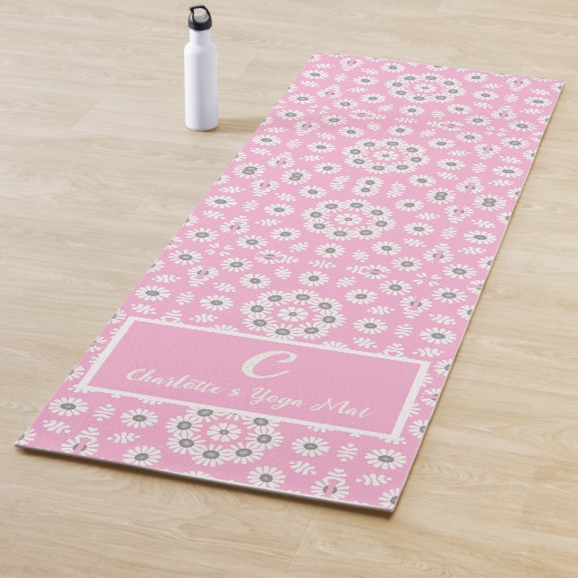 Blush Pink Modern Floral Monogram Yoga Mat (In Situ)